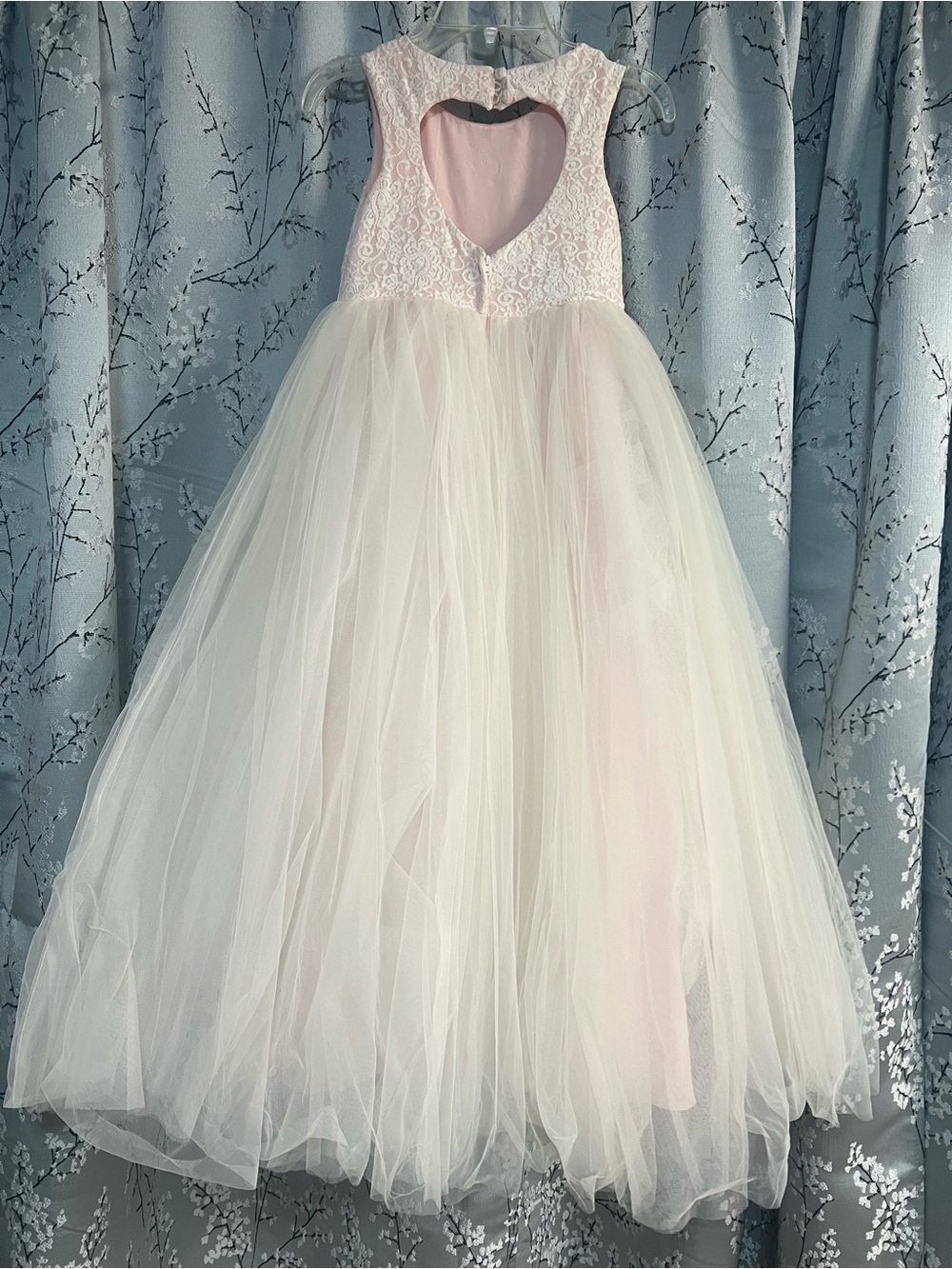 BED|STU Pink Lace Bodice Cream Tulle Heart-Back Flower Girl Dress - Picture 1 of 15